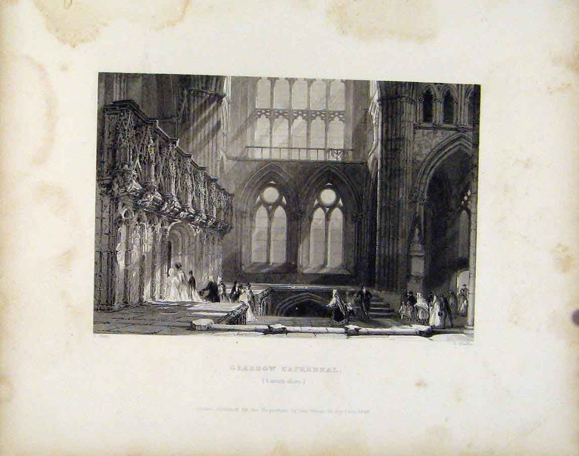 Original Old Antique Print Galsgow Cathedral Lanarkshire Scotland 20th Century