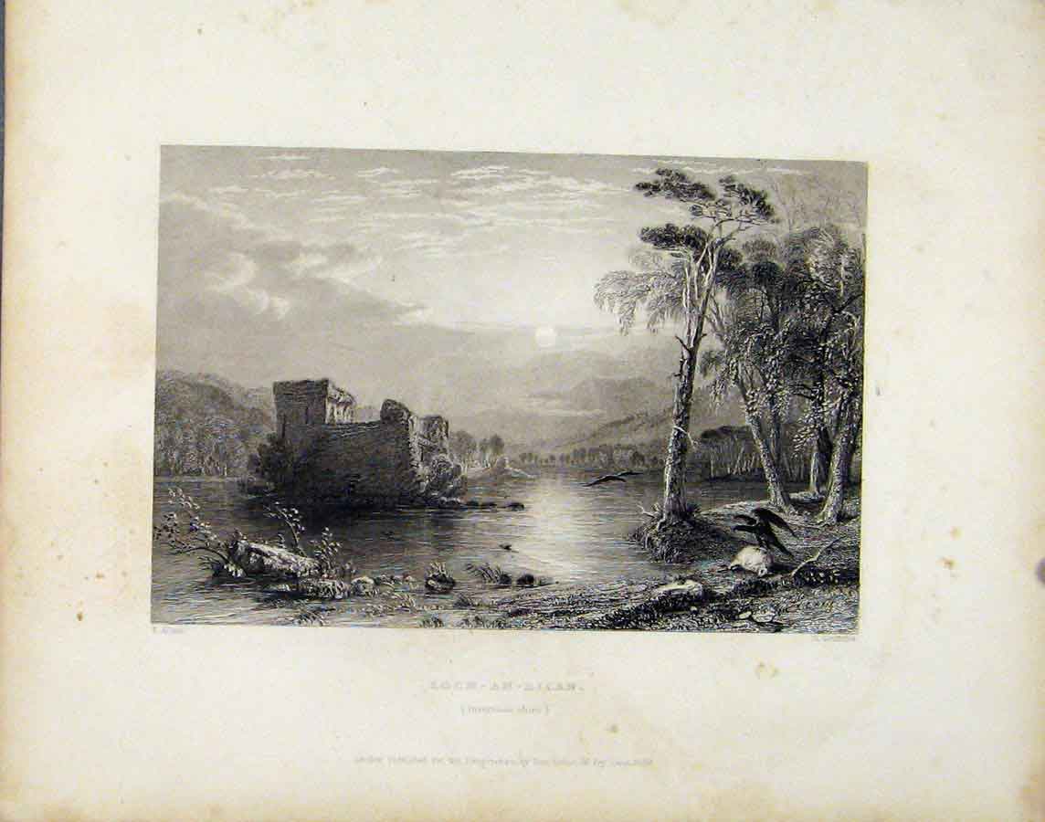 Original Old Antique Print Loch An Eilan Invernesshire Scotlad 1839 Victorian