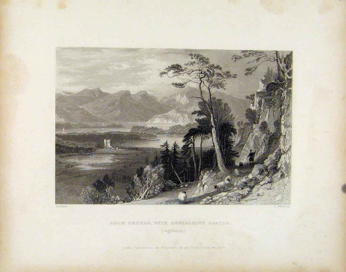Original Old Antique Print Scotland C1839 Loch Greran Bercaldine Castle 19th