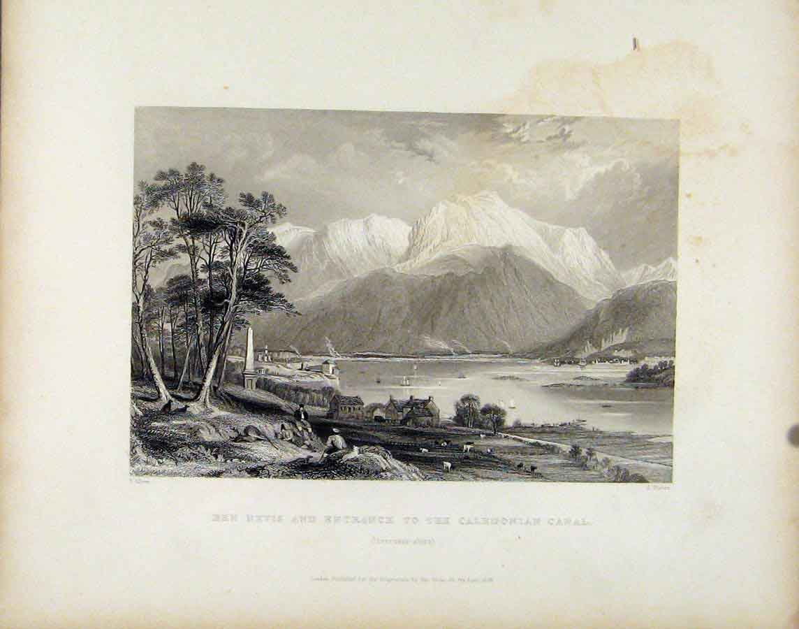 Original Old Antique Print C1839 Scotland Ben Nevis Entrance Caledonian Canal