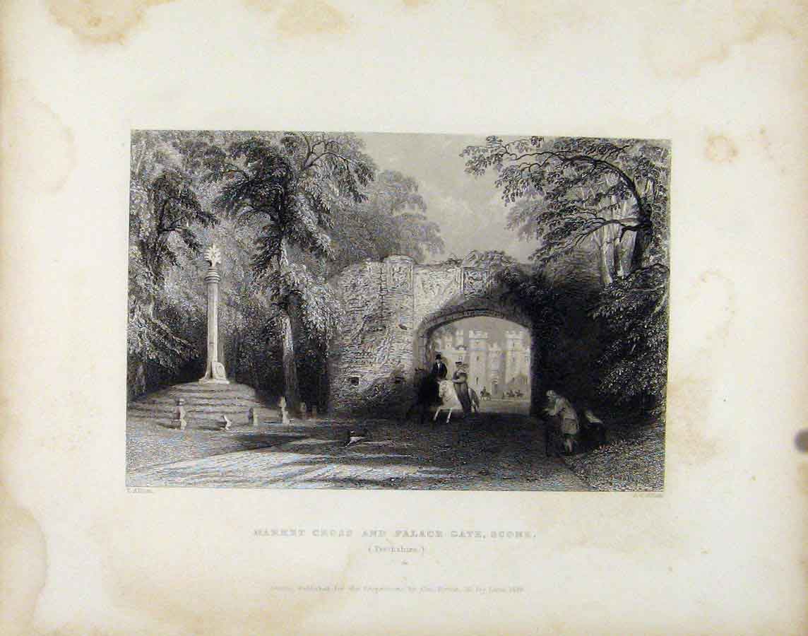 Original Old Antique Print Scotland Art C1839 Market Cross Palace Gate Scone