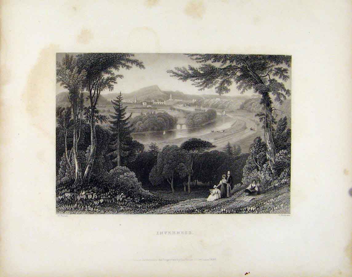 Original Old Antique Print Inverness Town City C1839 Scotland Art 19th
