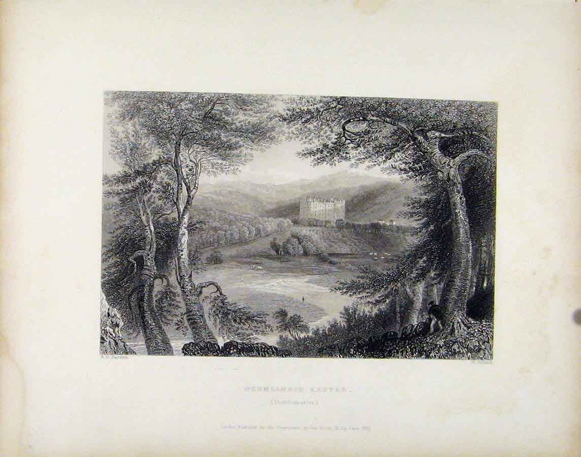 Original Old Antique Print Drumlanrig Castle Scotland Dumfrieshire