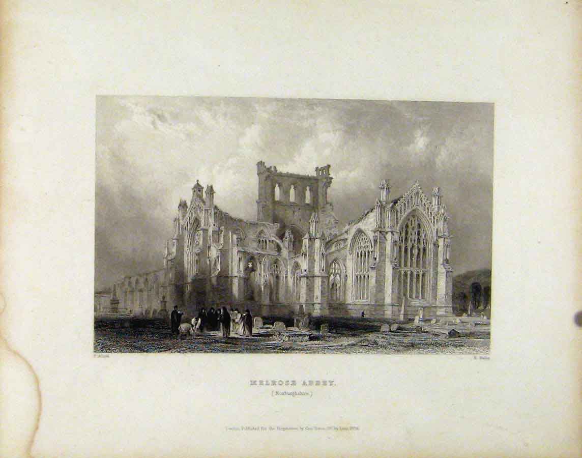 Original Old Antique Print C1839 Melrose Abbey Roxburghshire Scotland Victorian