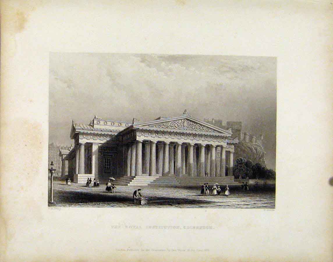 Original Old Antique Print Royal Institution Edinburgh Scotland C1839 Victorian