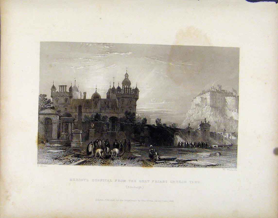Old Antique Print Heriots Hospital Grey Friars Church Yard Edinburgh 1839 19th