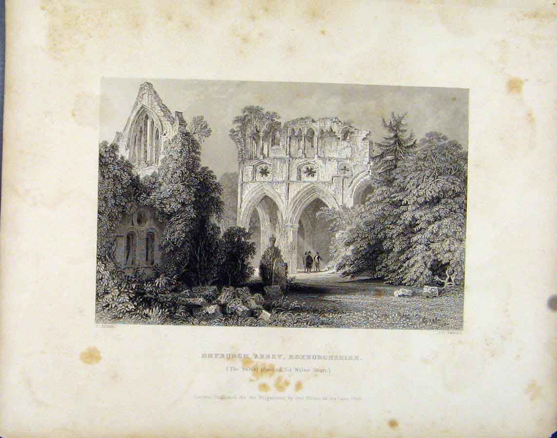 Original Old Antique Print Dryburg Abbey Roxburgshire Walter Scott Burial Palce