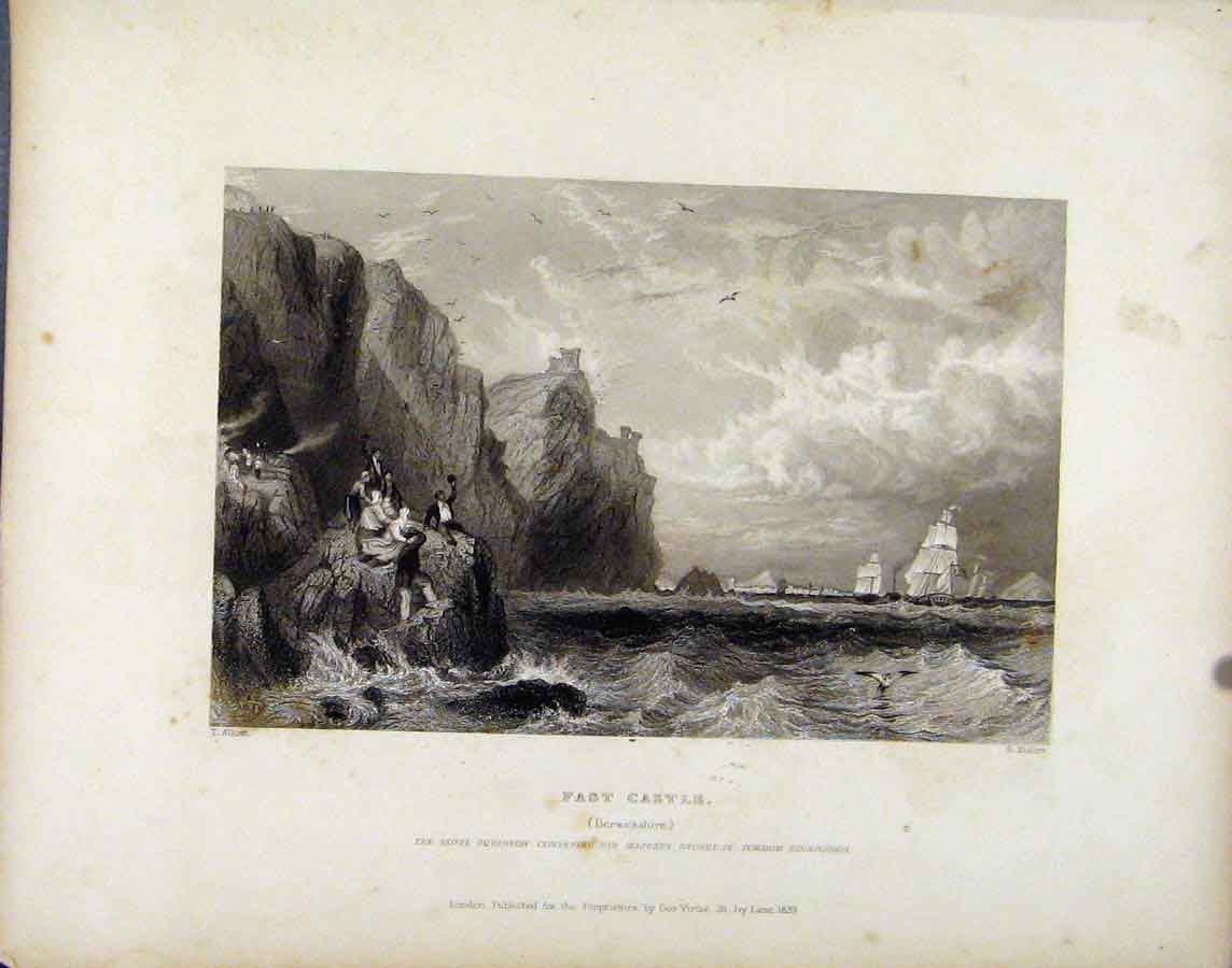 Original Old Antique Print Fast Castle Berwickshire Scotland C1839 Victorian