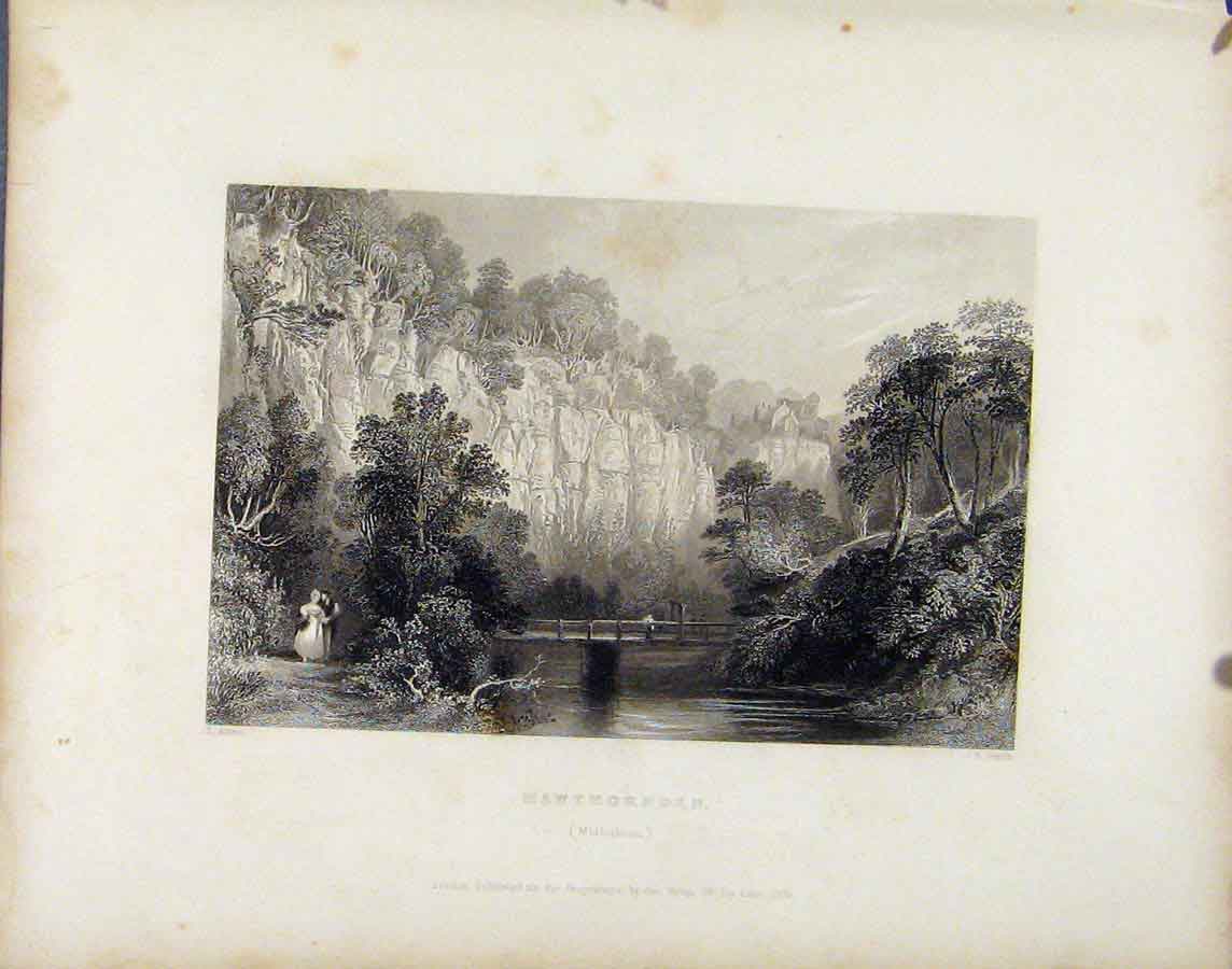 Original Old Antique Print Hawthornden Middlothian Scotland C1839 19th