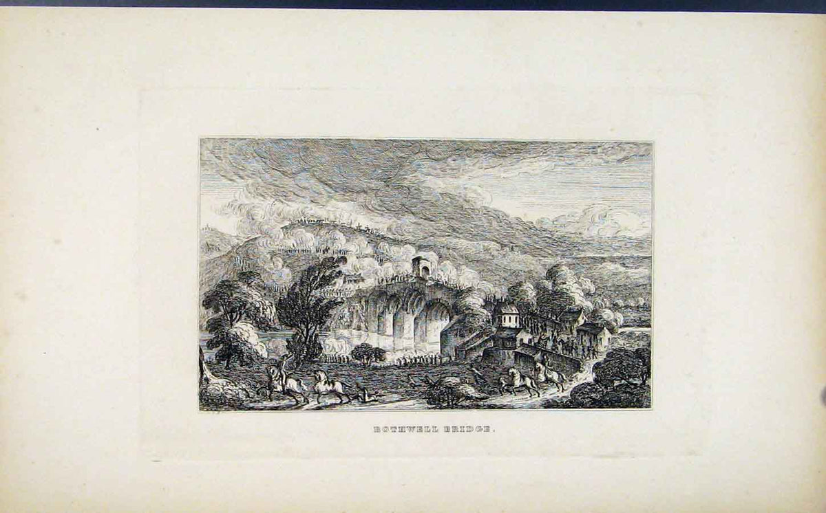 Original Old Antique Print C1830 Etching Bothwell Bridge Fine Art 19th Century
