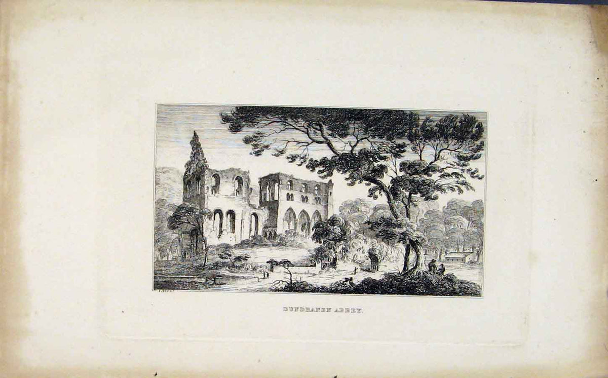 Original Old Antique Print Dundranen Abbey Etching Fine Art 1830 19th Century
