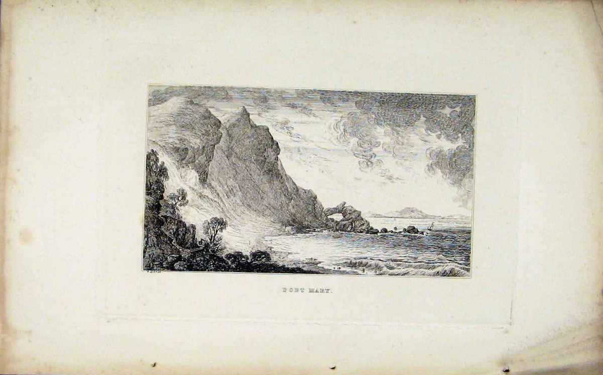 Original Old Antique Print Etching Port Mary Fine Art C1830 19th Century