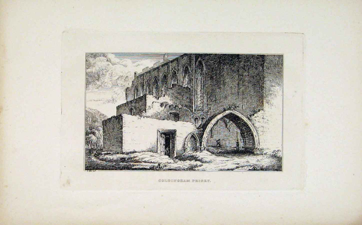 Original Old Antique Print Fine Art C1830 Cingham Priory Etching 19th Century