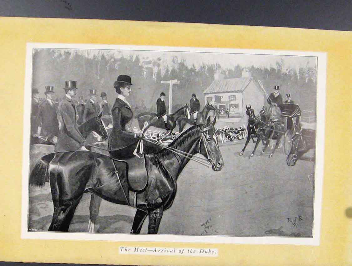 Original Old Antique Print Meet Arrival Duke Horse Carriage Sketches 19th