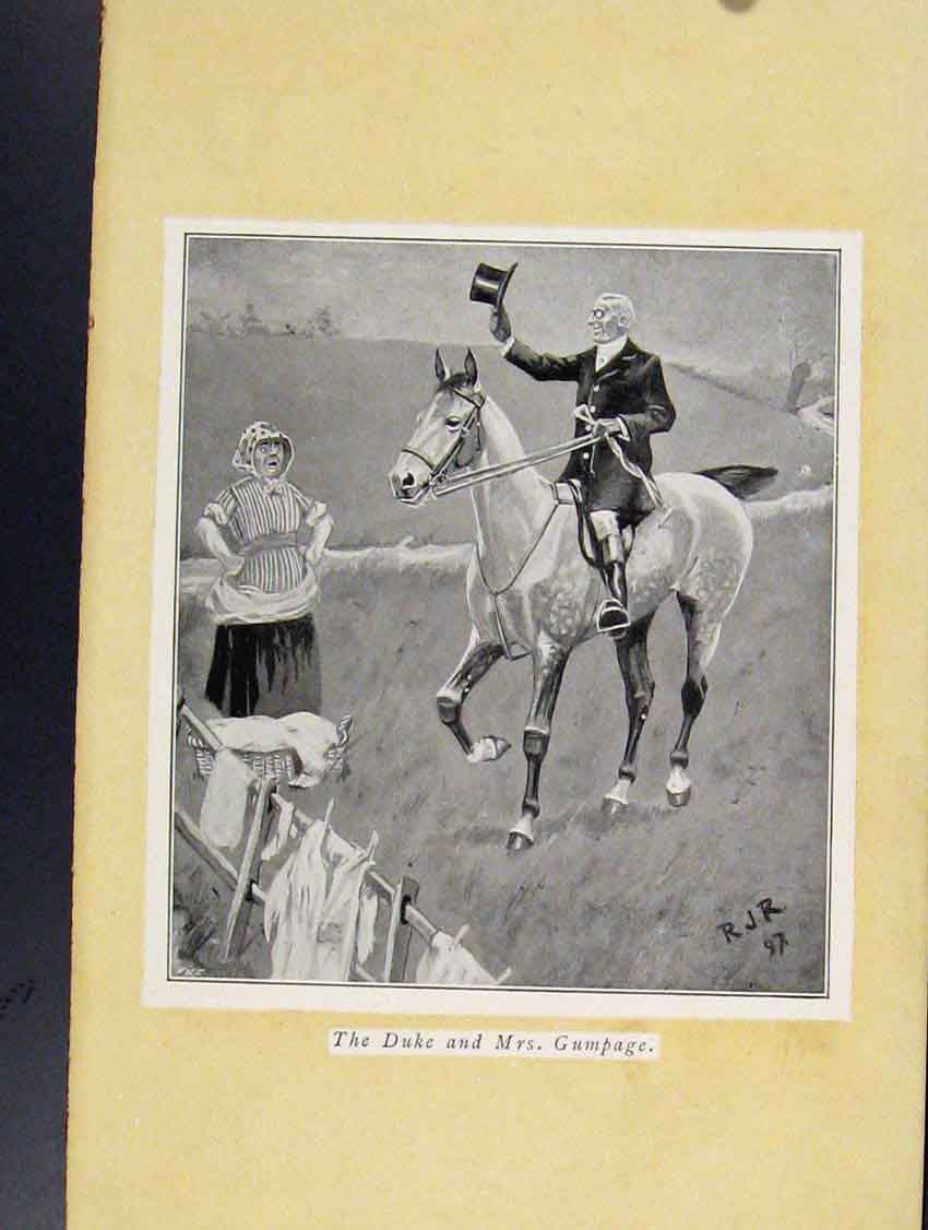 Original Old Antique Print Duke And Mrs Gumpage Horse Rider Greeting