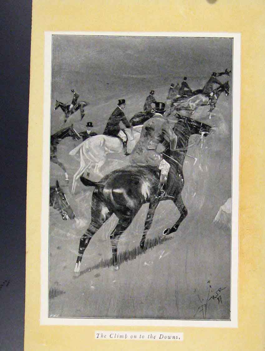 Original Old Antique Print Climb On To The Downs Fox Hunting Sketches