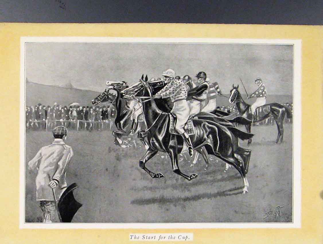 Original Old Antique Print Start For The Cup Horse Racing Sketches