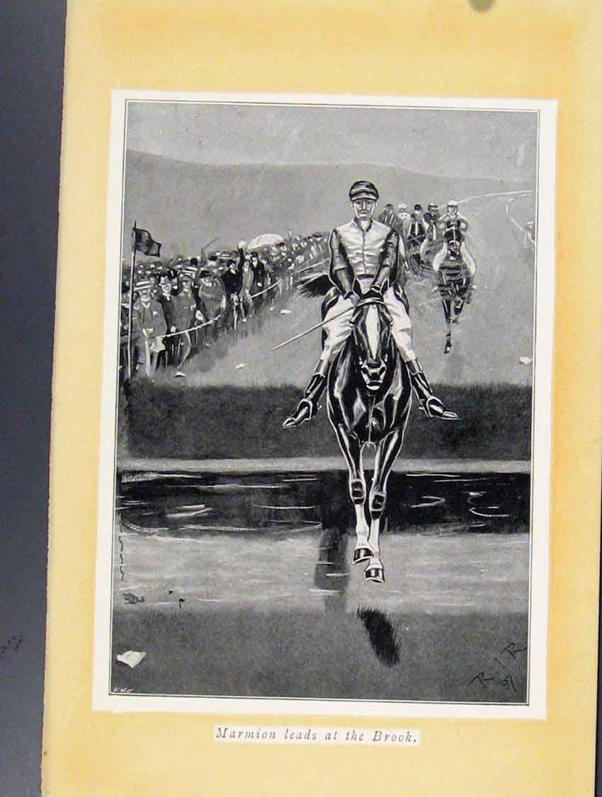 Original Old Antique Print Marmion Leads At Brook Sketches Horse Racing