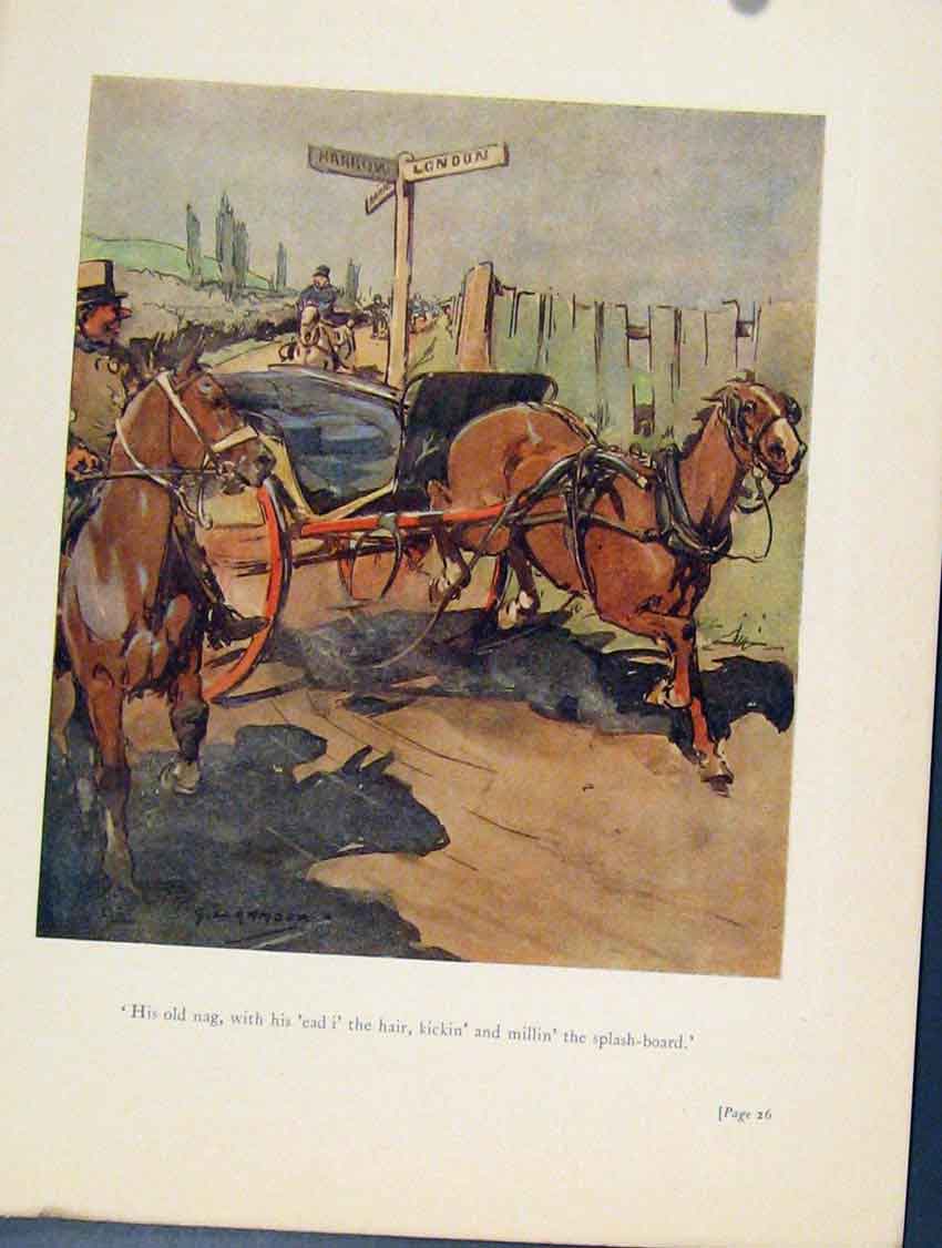 Original Old Antique Print Horse Carriage On The Loose Sketches