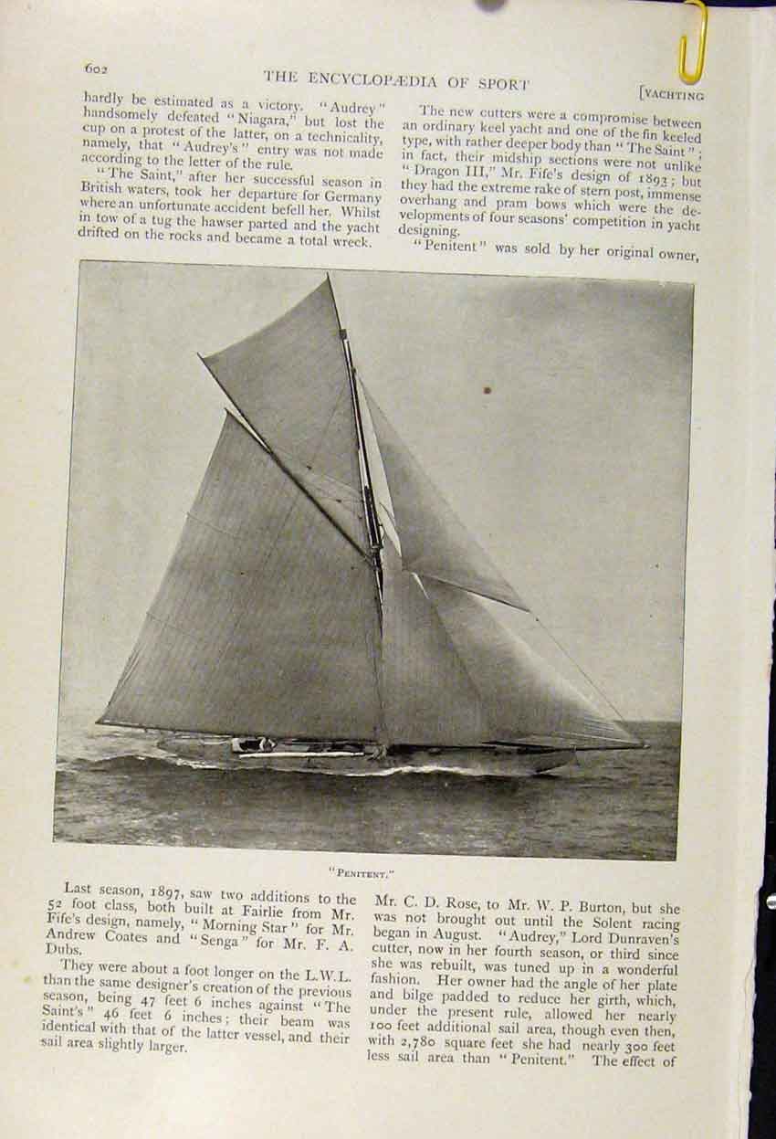 Original Old Antique Print Sail Boat Ship Valkyrie Audrey Fine Art