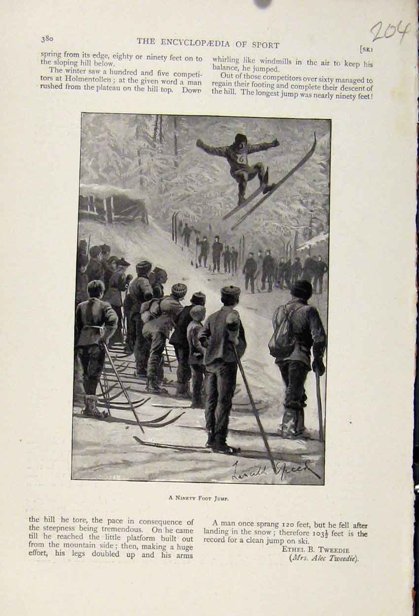Original Old Antique Print The Encyclopedia Sport Ninety Foot Jump Sking C1898