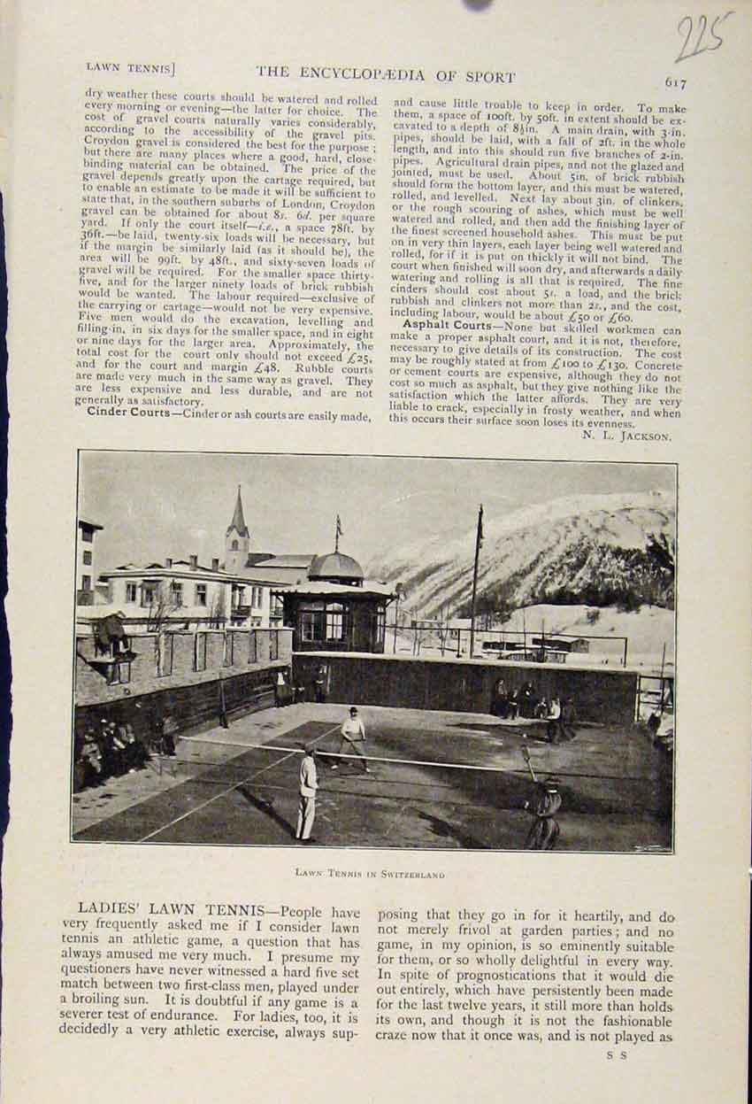 Original Old Antique Print Lawn Tennis Switzerland C1898 The Encyclopedia Sport