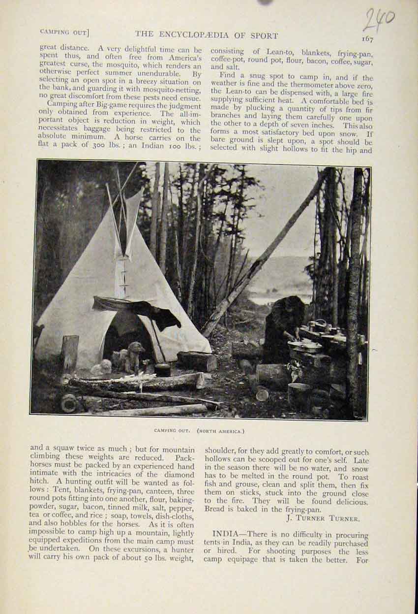 Original Old Antique Print Camping Out North America The Encyclopedia Sport
