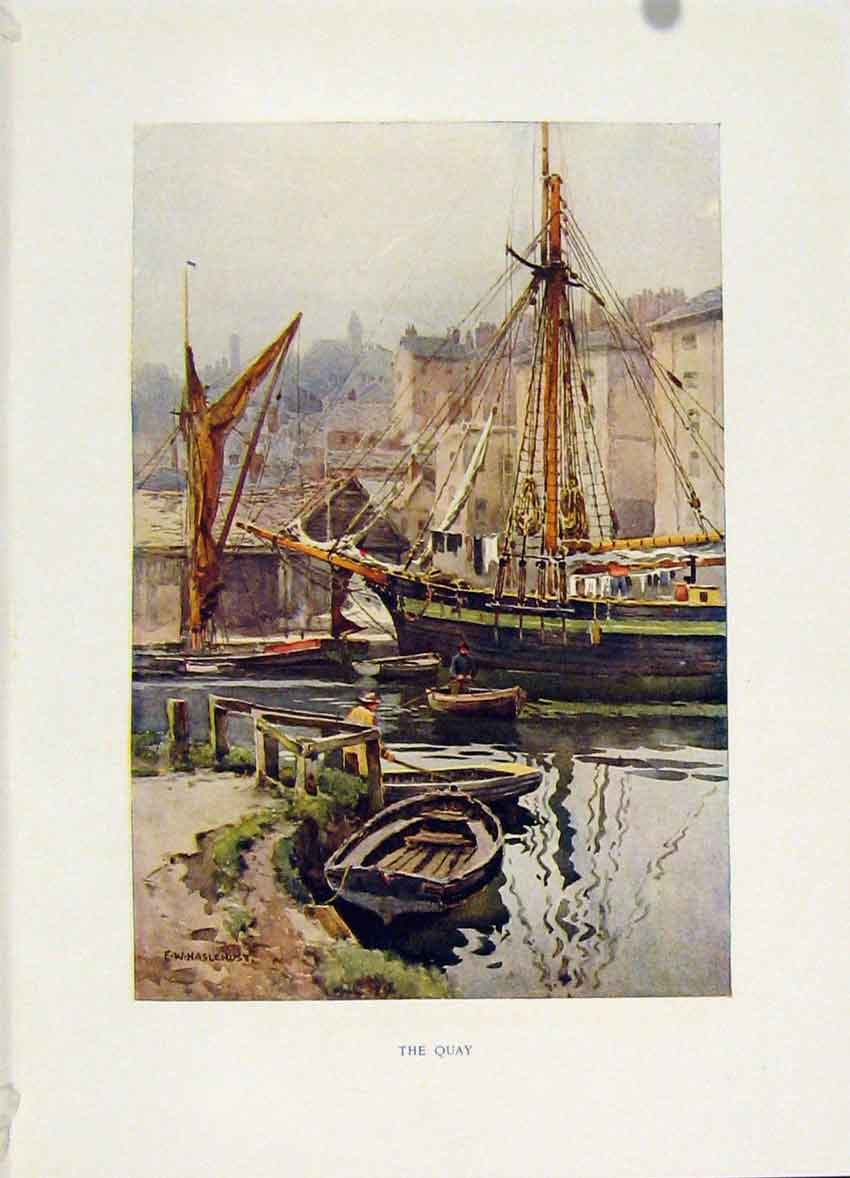 Original Old Antique Print The Quay Painting By Haslehust Fine Art