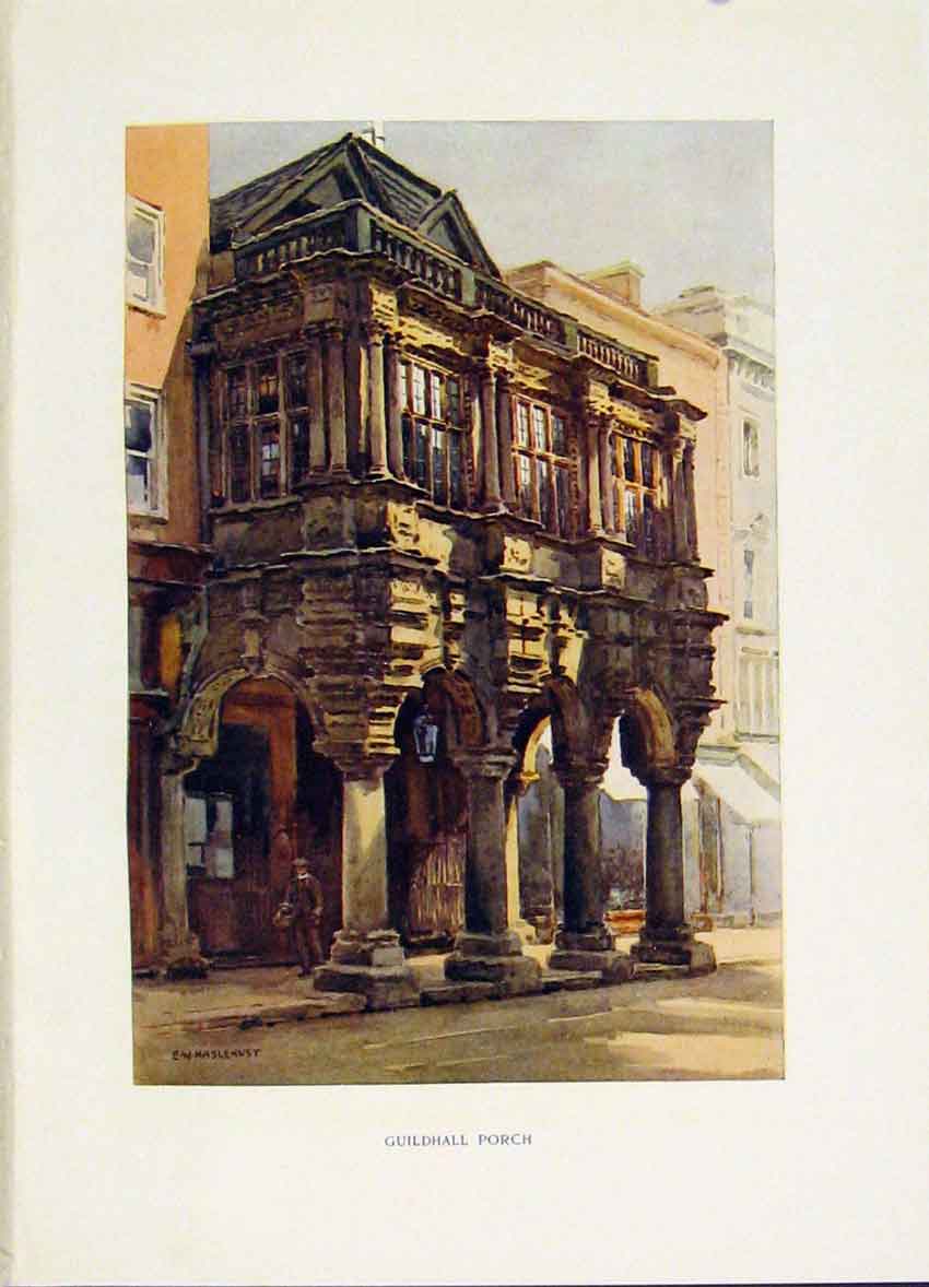 Old Vintage Print Guildhall Porch Exeter C1920 Painting By Haslehust Art 20th