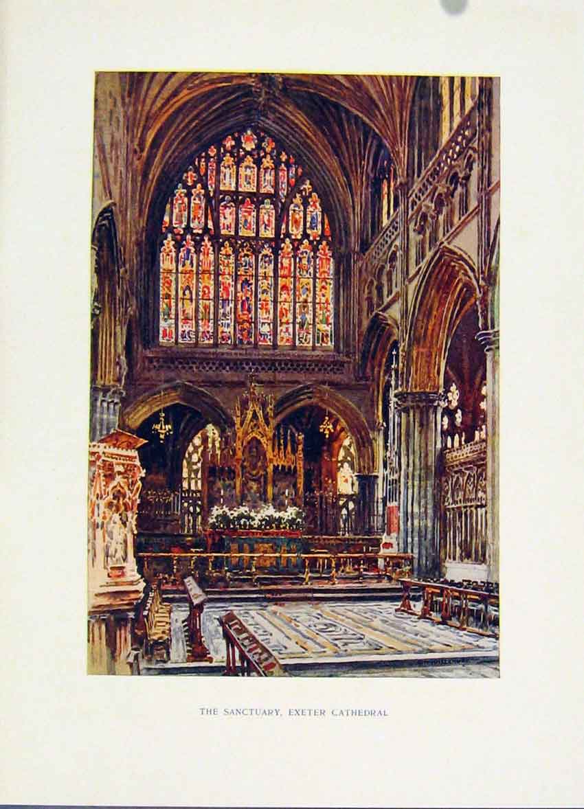 Old Vintage Print Sanctuary Exeter Cathedral Painting By Haslehust C1920 20th