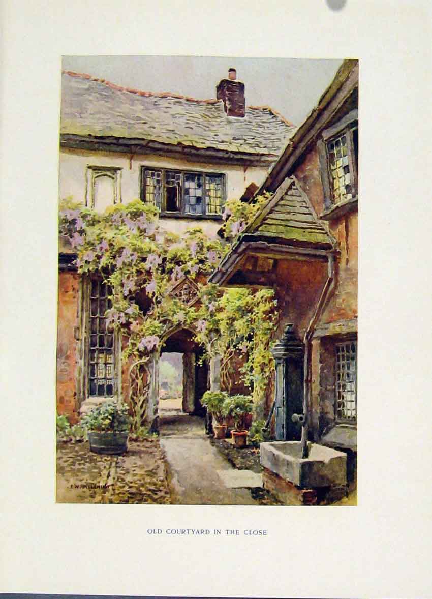 Original Old Vintage Print Exeter Courtyeard Close Painting By Haslehust C1920