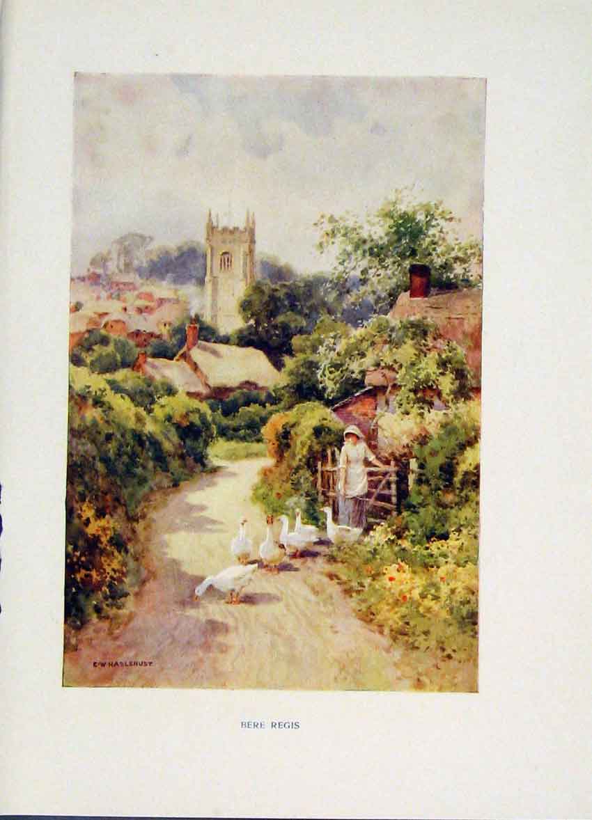 Original Old Antique Print Bere Regis Color Fine Art Haslehust Painting
