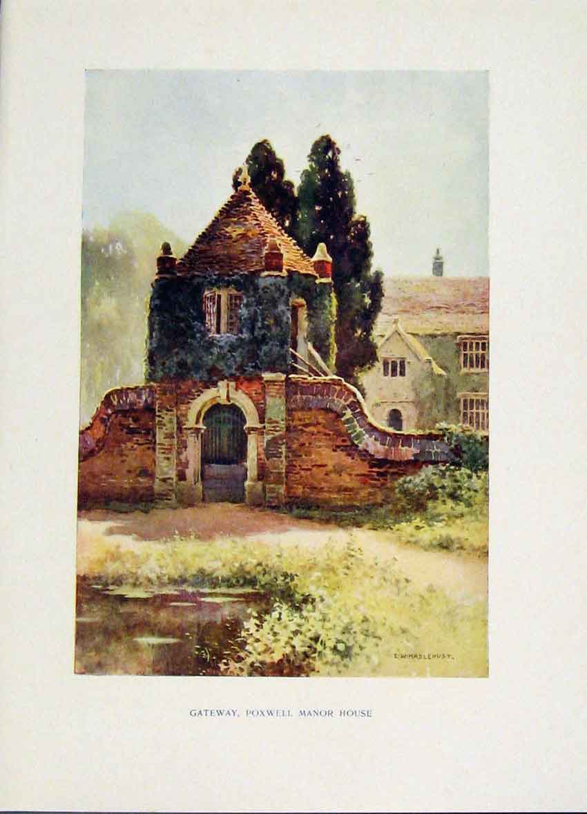 Original Old Antique Print Gateway Poxwell Manor House Painting By Haslehust