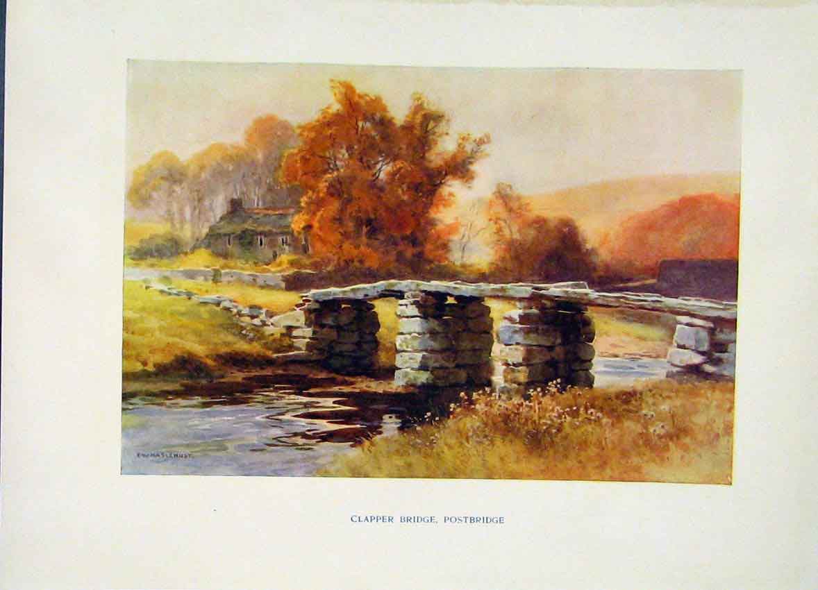 Original Old Vintage Print Clapper Bridge Postbridge Painting By Haslehust C1920