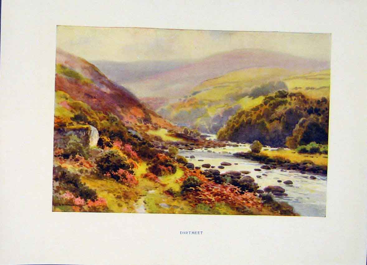 Original Old Vintage Print Painting By Haslehust C1920 Dartmeet Valley Color Art