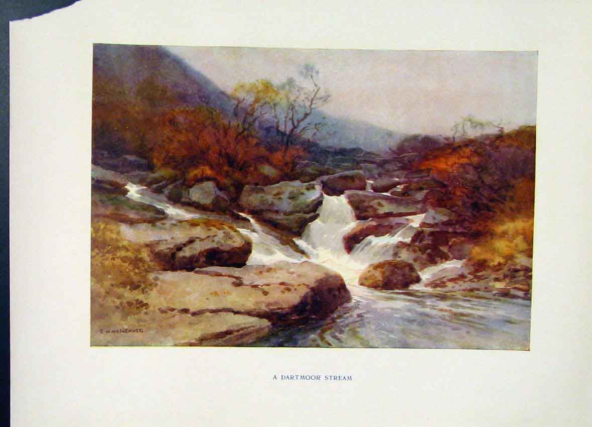Original Old Vintage Print Dartmoor Stream Painting By Haslehust Color Art C1920