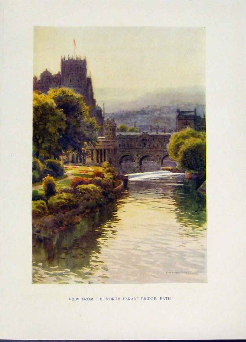 Original Old Antique Print View From North Parade Bridge Bath Haslehust Fine Art