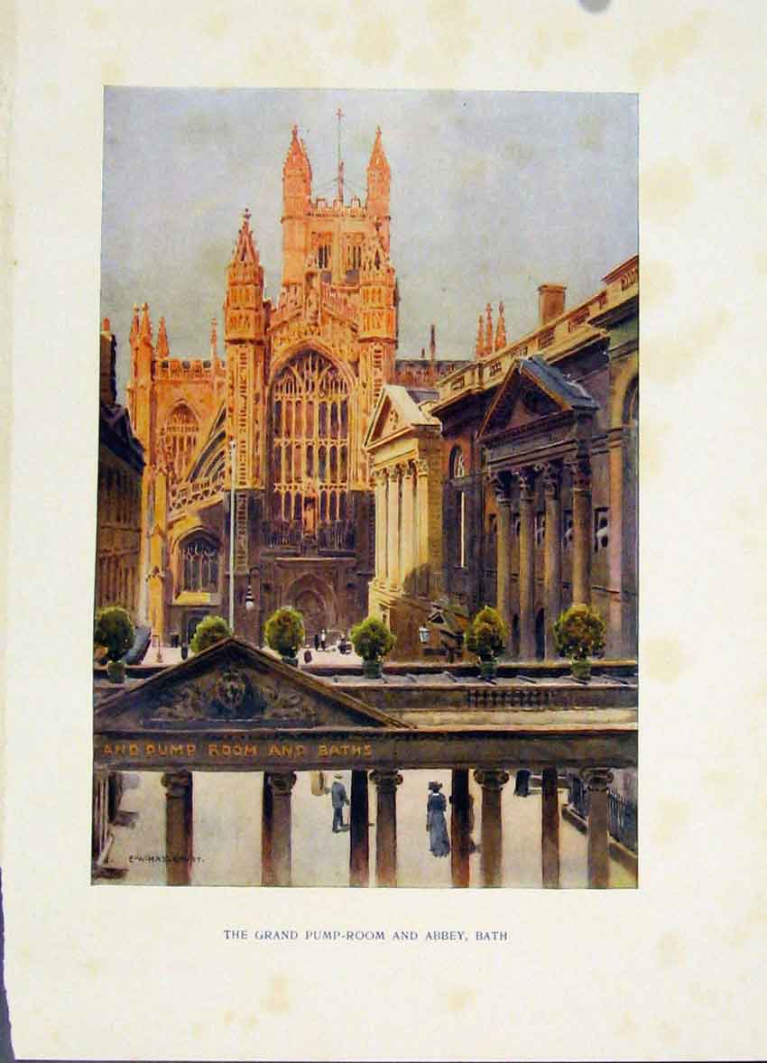 Original Old Antique Print Painting By Haslehust Grand Pump Room Abbey Bath C192