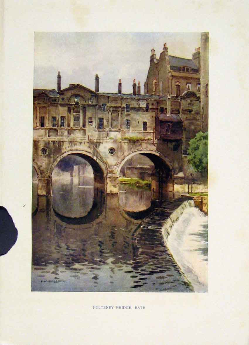 Original Old Antique Print Pulteney Bride Bath Painting By Haslehust