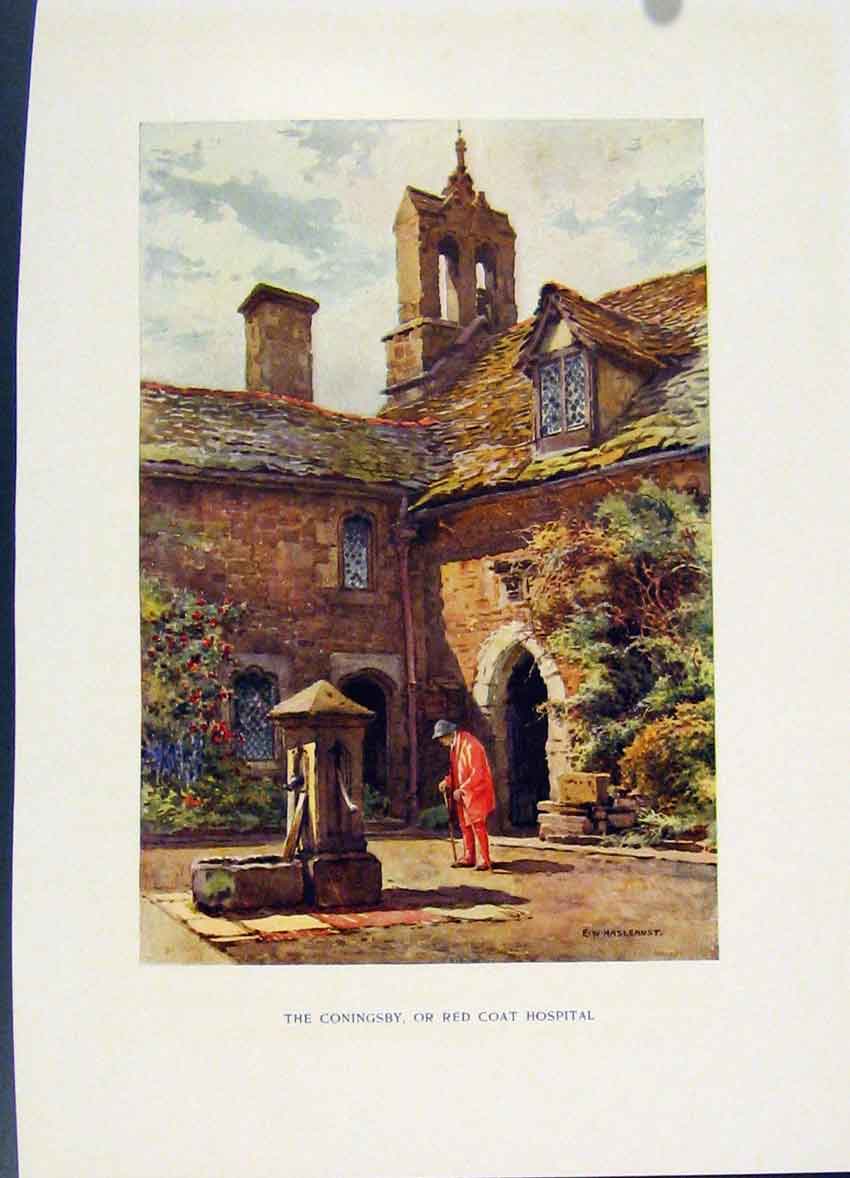 Old Vintage Print Coningsby Red Coat Hospital Painting By Haslehust C1920 20th