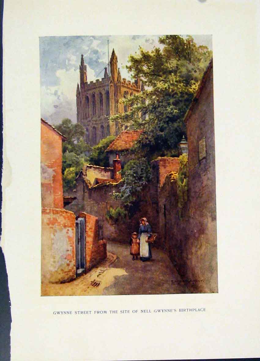 Original Old Antique Print Gwynne Street Site Nell Birthplace Haslehust Painting