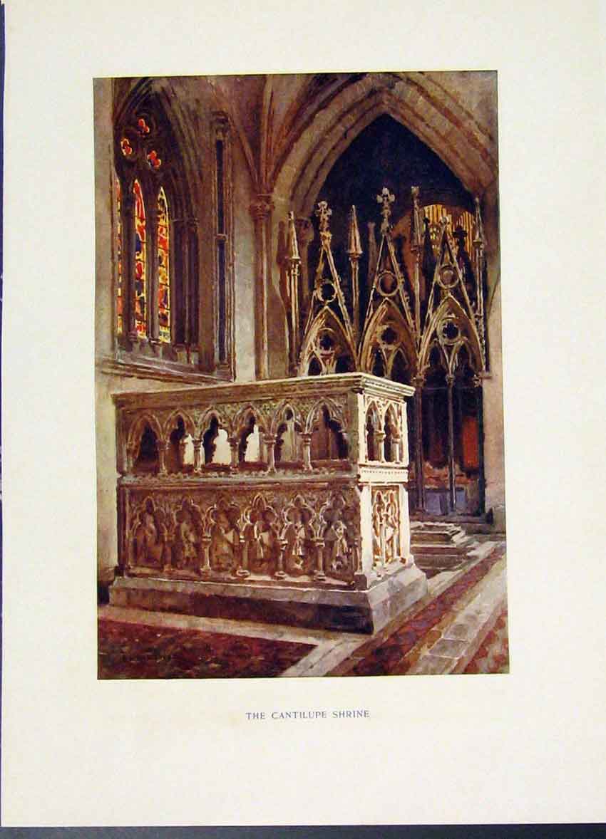 Original Old Antique Print Painting Haslehust Fine Art Hereford Cantilupe Shrine