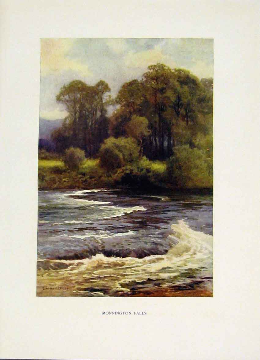 Old Vintage Print Monnington Falls C1920 Painting By Haslehust Color Art 20th