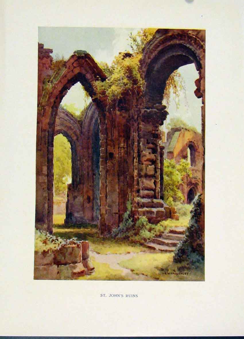 Old Vintage Print Chester C1920 Painting By Haslehust St Johns Ruins Art 20th