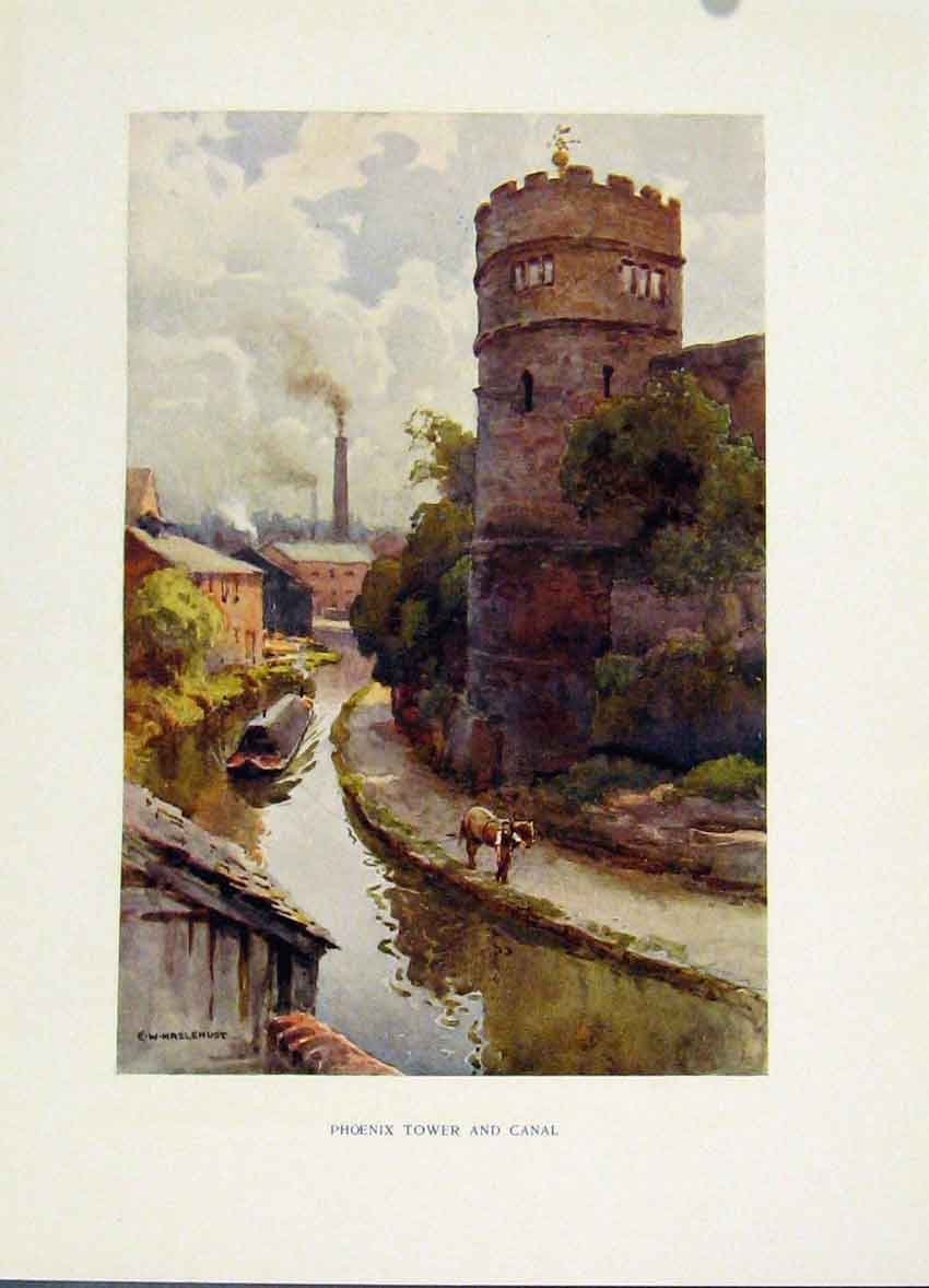 Original Old Vintage Print Phoenix Tower Canal C1920 Painting By Haslehust 20th