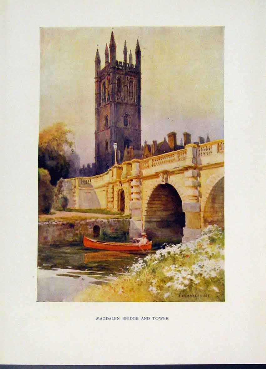 Original Old Vintage Print Magdalen Bridge Tower C1920 Painting By Haslehust Art