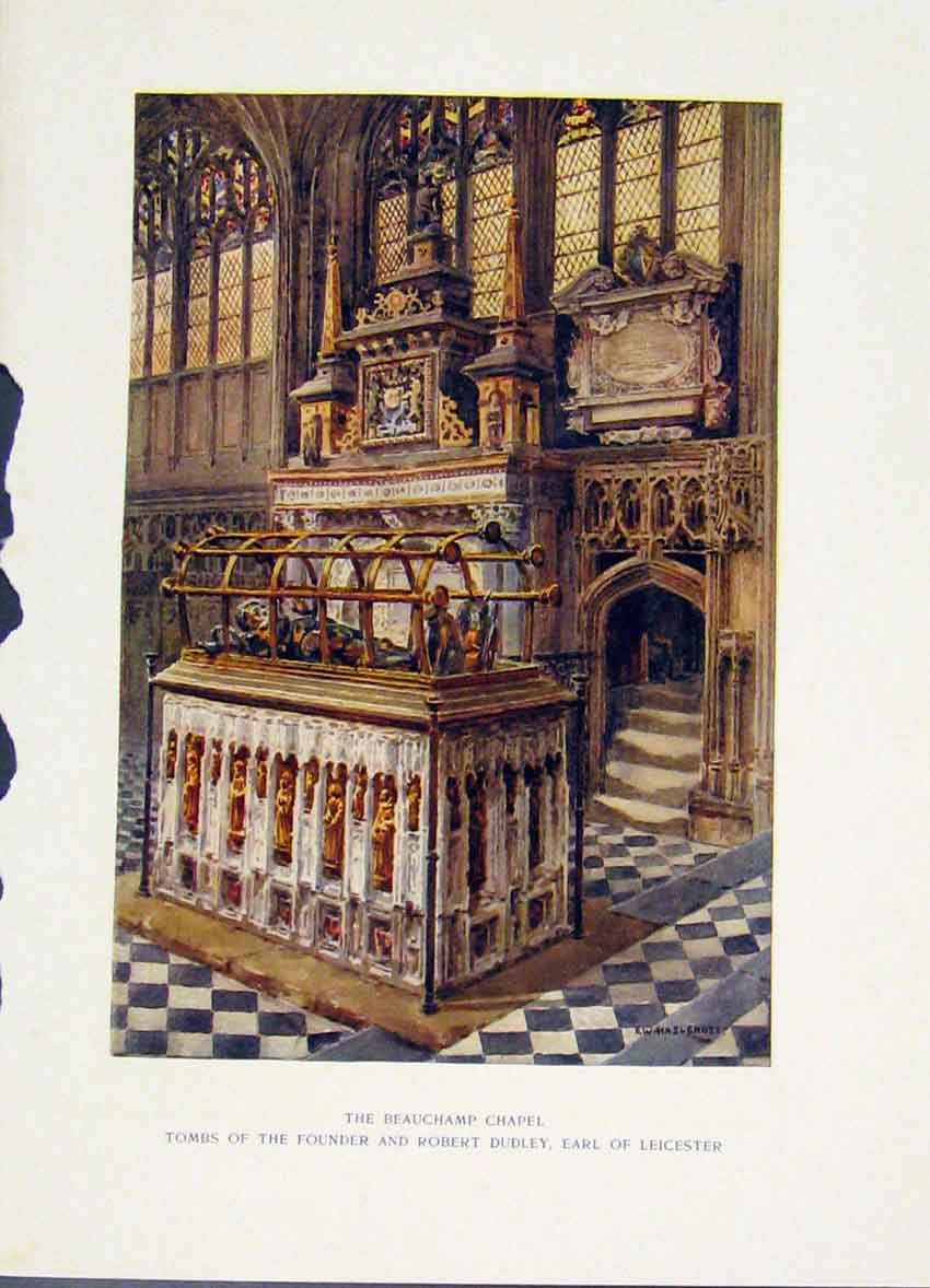 Old Antique Print Beauchamp Chapel Warwick Tombs Earl Leicester Haslehust