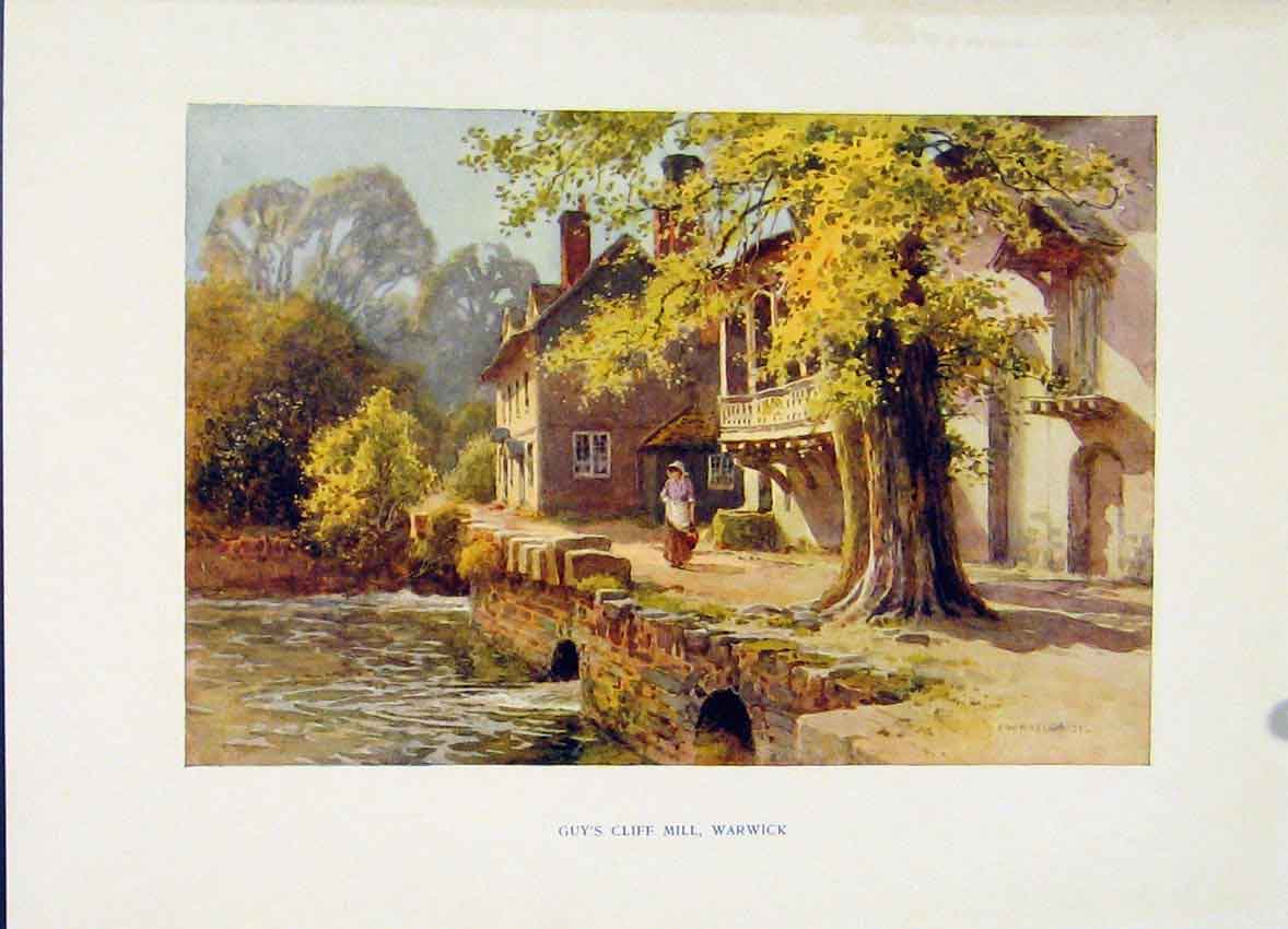 Old Vintage Print Guys Cliff Mill Warwick Painting By Haslehust C1920 Art 20th