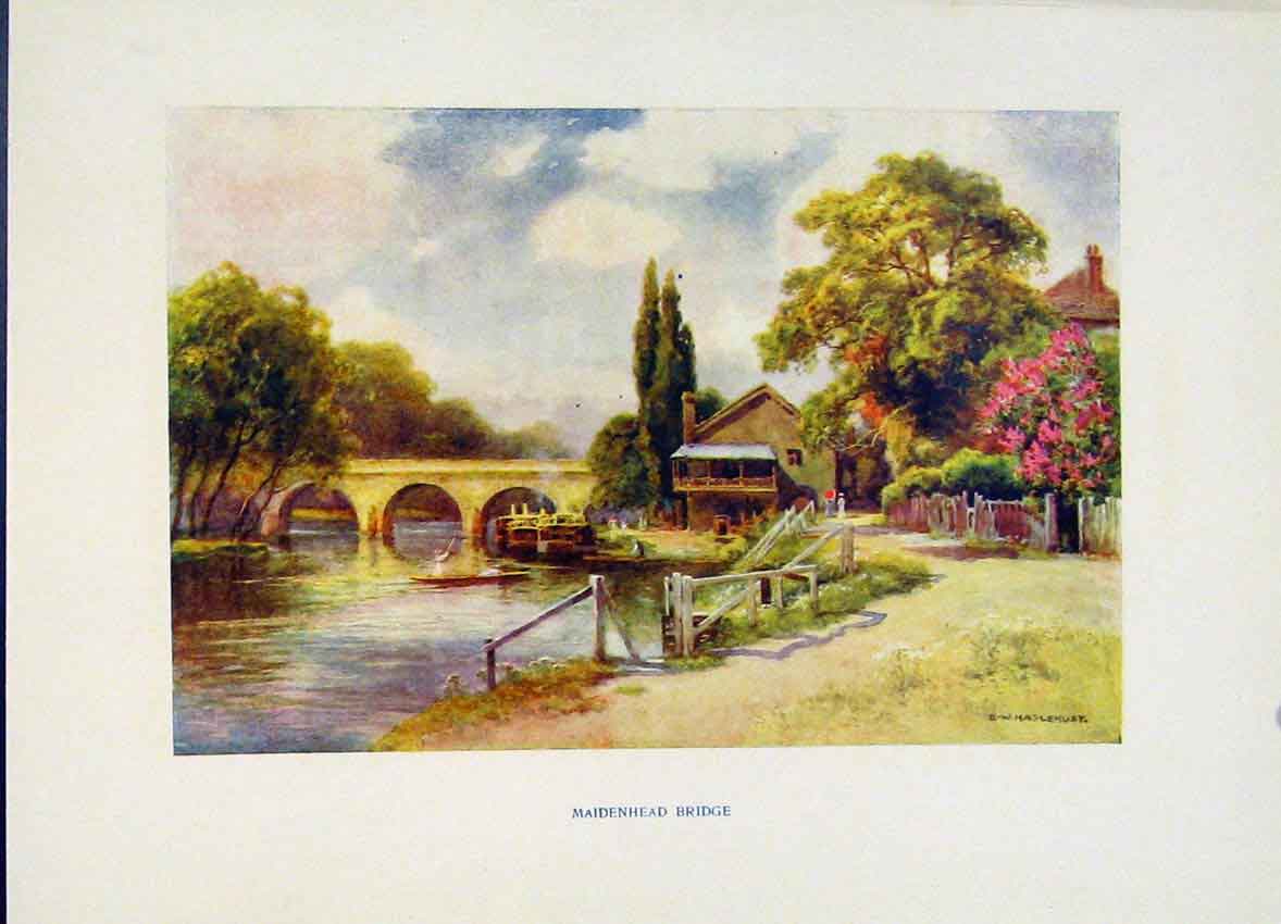Original Old Vintage Print Maidenhead Bridge C1920 Painting By Haslehust 20th