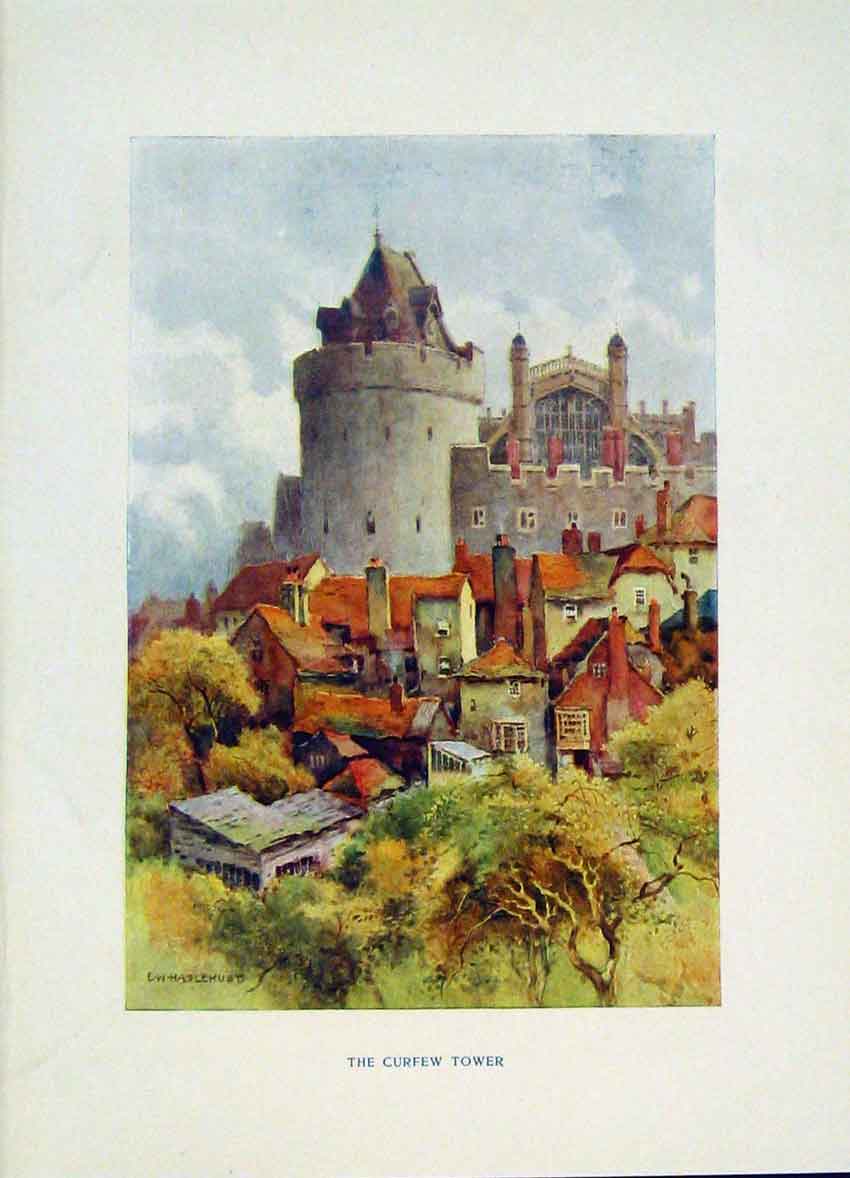 Original Old Antique Print Painting By Haslehust Windsor Curfew Tower Fine Art